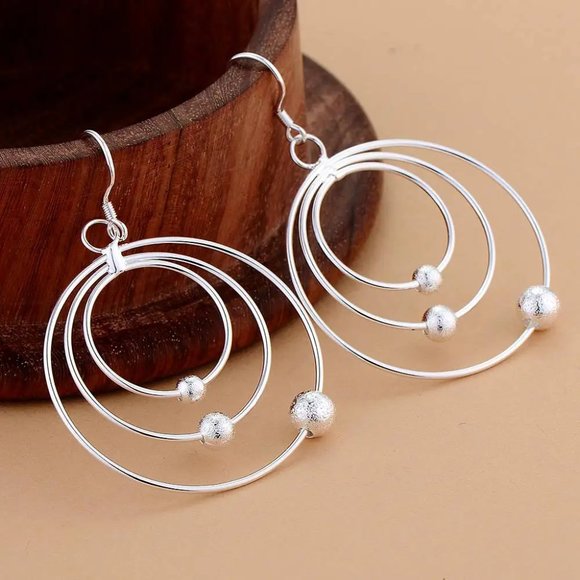 Gorgeous 3 Circles with Beads Hanging Earrings, Sterling Silver "Hypoallergenic" - Picture 6 of 8